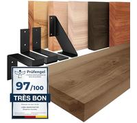 LAMO Manufaktur Étagère murale avec supports en J noirs | Etagere 40 cm largeur pour salle de bain, couloir, cuisine style industriel | Couleur: noisette, Bord: droit | Qualité artisanale, bois massif