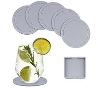 Lamondre Lot de 6 Dessous de Verre Silicone, Dessous de Verre - Rond, sous bocks pour Boissons, bière, Tasses, Bar, Verre (Gris)
