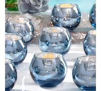 LAMORGIFT Lot de 12 bougeoirs ronds bleus en verre mercure pour décorations de fête prénuptiale, décoration de mariage