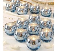 LAMORGIFT Lot de 24 bougeoirs ronds bleus en verre mercure pour décoration de mariage, fête prénuptiale