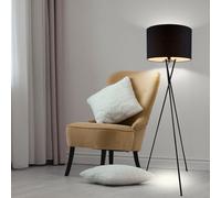 Lampadaire 3 pieds trépied textile noir Lampadaire salon, avec interrupteur cadre métal, 1x E27, DxH 54 x 160 cm