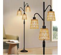 Lampadaire à 3 Flammes avec Abat-Jour en Rotin-Variateur Infini 0-100%&Abat-Jour Interchangeables pour Salon/Chambre