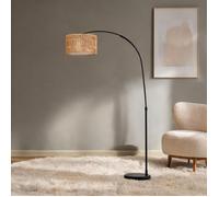 Lampadaire arc deep black en métal et lin, abat-jour conique, hauteur réglable 144-175 cm, interrupteur au pied, salon