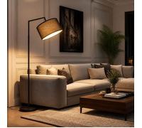 Lampadaire arc noir moderne avec abat-jour tissu NETTLIFE - Lampe sur pied salon E27 pour lecture et décoration intérieure