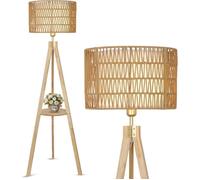 Lampadaire en bois avec étagère - Abat-jour en rotin et lin - Hauteur 150cm - Interrupteur à pied