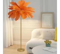 Lampadaire en Plumes D'autruche Naturelles, Lampe Décorative Simple pour Chambre Et Salon, Corps Doré, Intensité Variable 3 Couleurs avec Ampoule LED G4, Orange