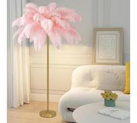 Lampadaire en Plumes D'autruche Naturelles, Lampe Décorative Simple pour Chambre Et Salon, Corps Doré, Intensité Variable 3 Couleurs avec Ampoule LED G4, Light Pink
