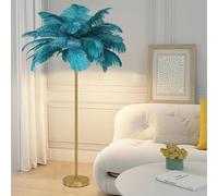 Lampadaire en Plumes D'autruche Naturelles, Lampe Décorative Simple pour Chambre Et Salon, Corps Doré, Intensité Variable 3 Couleurs avec Ampoule LED G4, Blue