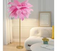 Lampadaire en Plumes D'autruche Naturelles, Lampe Décorative Simple pour Chambre Et Salon, Corps Doré, Intensité Variable 3 Couleurs avec Ampoule LED G4, Pink