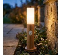 Lampe de socle LED avec détecteur de mouvement, aspect bois, borne d'éclairage extérieur, acier inoxydable, plastique blanc, 1x 9W 810Lm blanc chaud, DxH 7,6 x 45 cm