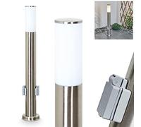 Lampadaire extérieure Caserta, lampe en métal nickel mat avec un abat jour en plastique blanc, luminaire disposent de 2 prises de courant avec couvercle de protection intégrées, 1x E27, sans ampoules
