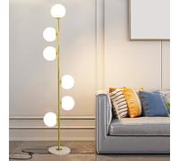 Lampadaire globe en verre blanc givré à 6 lumières, lampe sur pied moderne du milieu du siècle, doré, 3 températures de couleur, lampadaire d'angle haut avec interrupteur au pied pour bureau,