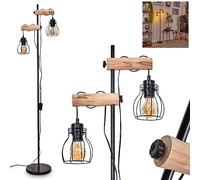 Lampadaire Gondo, lampe en métal/bois noir/naturel, lampe de sol au design rétro/vintage avec effet de lumière en grille avec interrupteur, 2 flammes, 2 douilles E27, ampoule(s) non incluse(s)