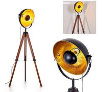 Lampadaire Jupiter en bois et métal noir & or, projecteur rétro-industriel avec interrupteur sur le câble, idéal dans un salon vintage, pour 1 ampoule E27, ampoule(s) non incluse(s)
