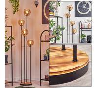 Lampadaire Koyoto HOFSTEIN, lampadaire en métal/bois/verre noir/naturel/ambre, lampe au design rétro/vintage (Ø 15 cm), interrupteur au pied, 147 cm, E14, salon, chambre à coucher, couloir, bureau