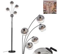 Lampadaire Koyoto, lampe sur pied en métal/verre noir/fumée/clair, luminaire au design rétro/vintage avec abat-jour en verre (Ø 15 cm) et interrupteur à pied, hauteur 210 cm, 5 x E14, sans ampoules