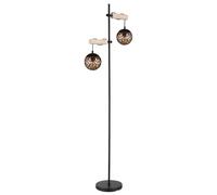 Lampadaire, lampadaire, lampe d'appoint, lampe de salon, réglable en hauteur, bois naturel, abat-jour en verre, ambre, métal noir, 2x douilles E27, LxPxH 51x25x168cm
