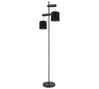 Lampadaire Lampadaire, lampe de salon, 2 flammes, abat-jour textile avec décor, bois, hauteur réglable, noir doré, 2x E27, LxlxH 41x23x150 cm