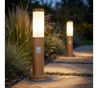 Lampe sur pied Lampe de socle avec détecteur de mouvement imitation bois Borne extérieure Acier inoxydable, plastique blanc, 1x E27, DxH 7,6 x 45 cm, lot de 2