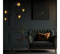 Lampadaire, lampe de chambre, 5 flammes, abat-jour textile doré noir, poinçonnage décoratif, tissu métallique, 5x E14, LxlxH 85x130x204 cm