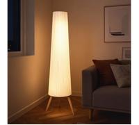 Lampadaire LED dimmable sur pied trépied en bois 153 cm avec abat-jour en tissu blanc et interrupteur au pied