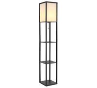 Lampadaire LED, étagère en bois, lampe sur pied, tissu noir, lampe de chambre, H 159 cm
