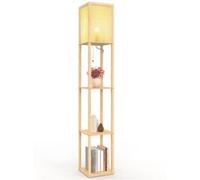 Lampadaire naturel en bois clair avec étagères et abat-jour carré effet cannage Naturel
