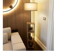 lux.pro Lampadaire Stylé avec Étagère Intégrée 3 Niveaux de Stockage Lampe sur Pied Design MDF Métal Tissu Douille E27 Hauteur 150 cm Effet Bois Noir Beige