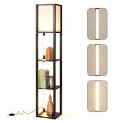Lampadaire Salon en Bois 163cm COSTWAY 4 Étagères,3 Luminosité Réglable,Abat-jour,Bandes LED Rotatives, Interrupteur au Pied