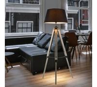 Lampadaire salon gris Lampadaire métal Lampadaire trépied bois, abat-jour en tissu, 1x douille E27, DxH 65x145 cm
