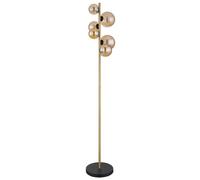 Lampadaire salon laiton Lampadaire industriel boule ambre LED liseuse lampadaire, métal verre, 6x LED 3.5W 350Lm blanc chaud, H 155 cm