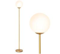 Lampadaire Salon Moderne 165 cm COSTWAY-Abat-Jour Sphérique en Verre Laitonné-Base Lestée-Interrupteur Pédale-Poteau en Métal-E27