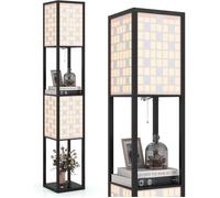 Lampadaire Salon Sur Pied 2 Étagères de Stockage en Bois COSTWAY-2 Abat-jours-E27 sans Ampoule-Double Interrupteur-Motif Carreaux
