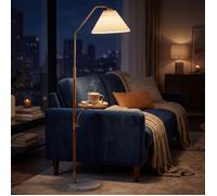 Lampadaire Salon sur Pied Doré-COSTWAY-159.5CM,Abat-Jour Orientable,Tablette en Bois,Moderne,Interrupteur à Pied, Douille E27