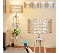 Lampadaire Trépied Bois Dimmable avec Abat-Jour Lin et Étagère Rotin, 4 Températures Couleur, Mémoire
