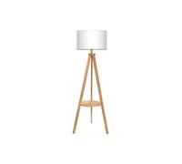Lampadaire Trépied en Bois, Lampe sur Pied avec Tablette et Ampoule E27 8W, Abat-Jour en Tissu Blanc, Style Scandinave, Moderne Nordique pour Salon,