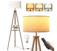 Lampadaire Trépied LED sur Pied Salon avec Étagères de Rangement - 12W Lampe sur Pied Bois avec Télécommande & Ampoule, Lampe Liseuse Réglables pour Salon, Chambre, Brun Foncé - Étagère Triangulaire