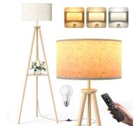 Lampadaire Trépied LED sur Pied Salon avec Étagères de Rangement - 12W Lampe sur Pied Bois avec Télécommande & Ampoule, Lampe Liseuse Réglables pour Salon, Chambre, Brun Clair - Étagère Triangulaire