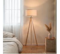 Lampadaire trépied scandinave en pin naturel et abat-jour en lin beige Ø45 x 152 cm