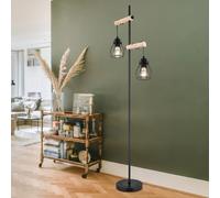Lampadaire vintage bois lampadaire design industriel lampadaire rétro, réglable en hauteur avec abat-jour filaire, métal noir, 2x douilles E27, LxlxH 38,5x23x150 cm