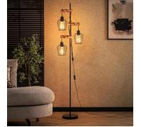 Lampadaire vintage - NETTLIFE - 3 lumières - Style industriel - Culot E27 - Abat-jour bambou
