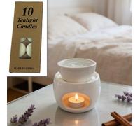 Lampe à Parfum, Brûleurs Huile Essentielle en Céramique, Élégante Brule Parfum en Céramique avec 10 Bougies Chauffe-Plat, Bruleur Fondant pour Décoration Salon, Chambre, Bureau - Blanc
