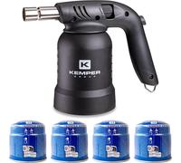 Lampe à souder à gaz Professionnelle Utilisation 360° Chalumeau Gaz Allumage piezo 4 Cartouches gaz Perçables KEMPER