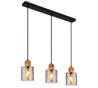 Lampe à suspendre bois rétro Lampe à suspendre verre fumé noir, hauteur réglable, métal, 3x E27 douille, LxlxH 64x12x120 cm