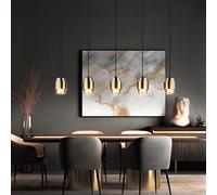 Lampe à suspendre de salle à manger Lampe à suspendre de salon Lampe de table à manger, métal noir anneau de laiton verre fumé, 5 flammes E27, H 150 cm