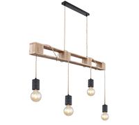 Lampe à suspendre en bois métal plafond suspension 4 flammes corde de chanvre lampe à suspendre réglable, 4x E27, 121x10x120cm, salon salle à manger