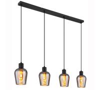 Lampe à suspendre Lampe de table à manger 4 flammes Lampe à suspendre rétro verre fumé Lampe de salon, métal noir, 4x E27, LxH 103,5 x 150 cm