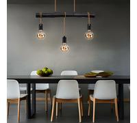 Lampe à suspendre LED Filament de table Suspension noire Lampe de salon en bois moderne, lampe en bois 3 flammes corde hauteur réglable, métal, 3x 4W 280Lm blanc chaud, LxlxH 60x5x120 cm
