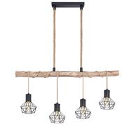 Lampe à suspendre LED Lampe de salle à manger Plafonnier Suspension, poutre en bois, corde de chanvre, Lampe rétro Vintage Rustique, 4 flammes, 4x E27 filament LED blanc chaud, longueur 100 cm