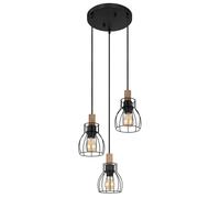 Lampe à suspendre Vintage Lampe de table à manger bois rétro Abat-jour en forme de cage, métal brun noir, douilles 3x LED 7W 806Lm blanc chaud, DxH 35,5x120 cm